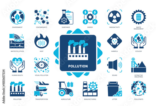 Pollution icon set. Contaminants, Substance, Visual Pollution, Ecology, Radioactivity, Environment, Litter, Transportation. Duotone color solid icons