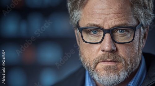 A businessman executive in deep thought, surrounded by floating digital interfaces showing real-time analytics and futuristic data projections,