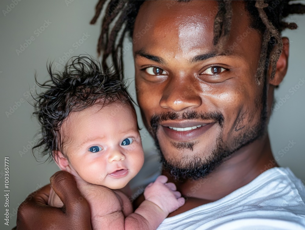 A man holding his newborn baby with a bright, happy expression, symbolizing the joy of parenthood A man holding his newborn baby with a bright, happy expression, symbolizing the joy of parenthood