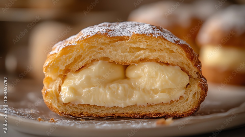 Close-up of a choux cream puff cut in half, showing the rich custard filling, shot with warm lighting to emphasize texture, choux cream, decadent dessert Close-up of a choux cream puff cut in half, showing the rich custard filling, shot with warm lighting to emphasize texture, choux cream, decadent dessert