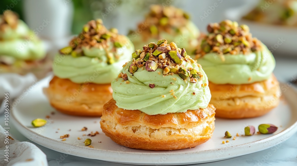 Pistachio-filled choux cream with a vibrant green filling, topped with chopped pistachios for added texture, placed on a white plate, choux cream, gourmet dessert concept Pistachio-filled choux cream with a vibrant green filling, topped with chopped pistachios for added texture, placed on a white plate, choux cream, gourmet dessert concept
