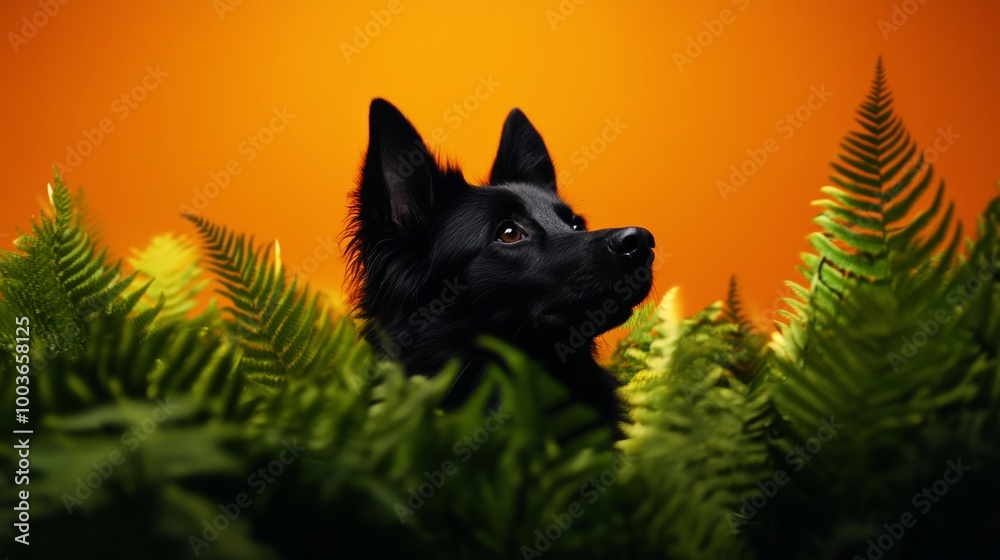 A black dog peering through vibrant green ferns against an orange background. A black dog peering through vibrant green ferns against an orange background.