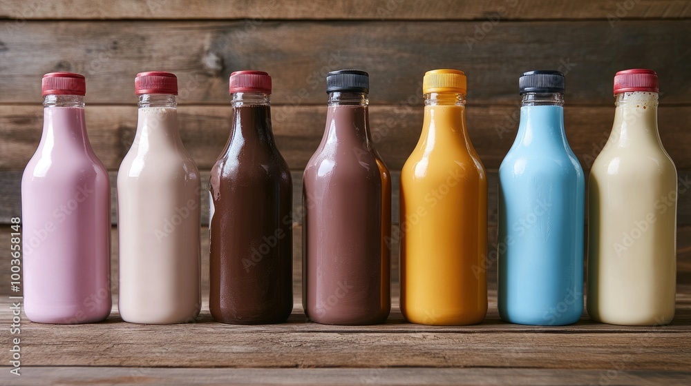 A variety of flavored milks, including chocolate and strawberry, displayed in colorful bottles, appealing to both kids and adults.