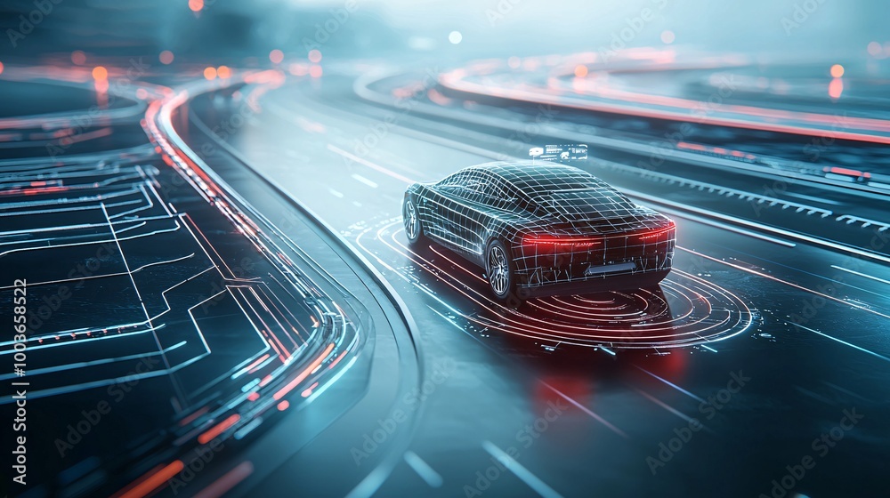 An AI-powered self-driving car on a futuristic highway, with glowing paths indicating its route, symbolizing autonomous transportation An AI-powered self-driving car on a futuristic highway, with glowing paths indicating its route, symbolizing autonomous transportation
