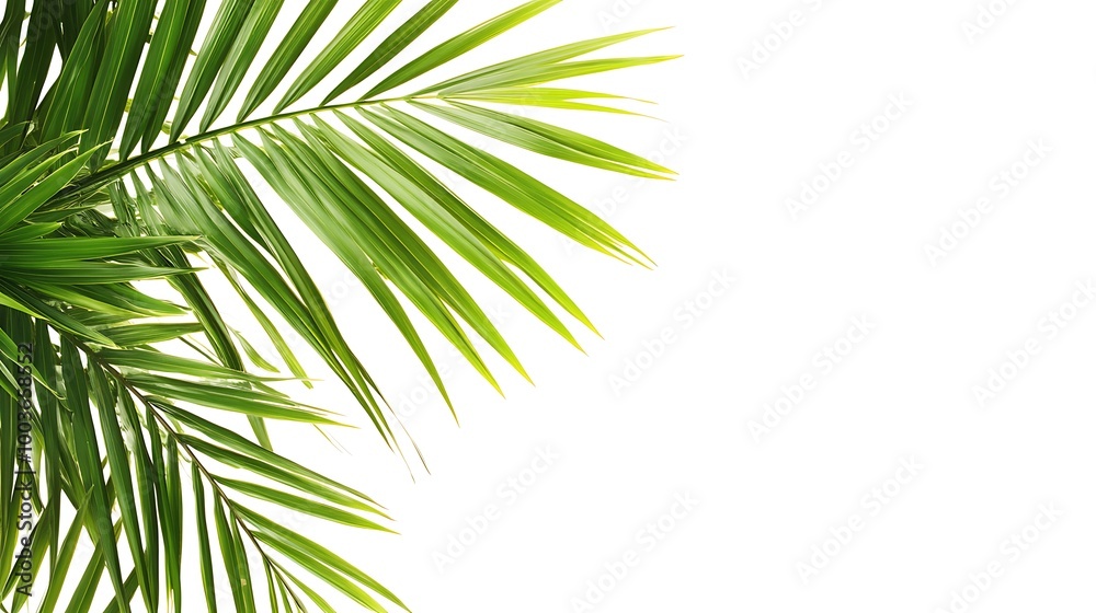 Fototapeta premium Green palm leaf corner frame, contrasting with the background.