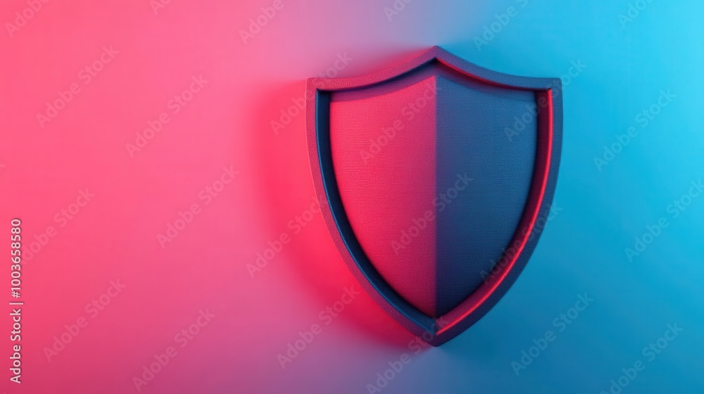 Stylized shield design with vibrant blue and pink lighting.
