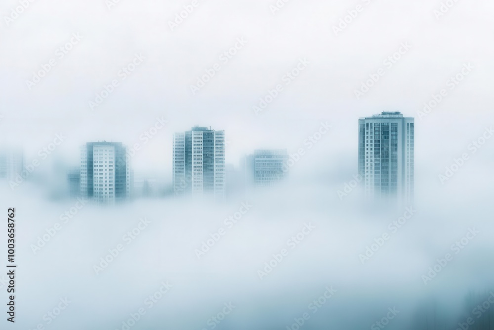 Fototapeta premium Tall buildings emerging from dense fog, ethereal atmosphere