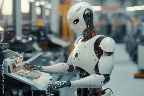 Humanoid robot working with a machine in a factory