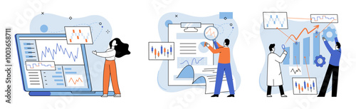 Technical analysis. Vector illustration. Developing sound investment strategy involves analyzing market trends and using technical analysis tools Trading in financial markets requires thorough