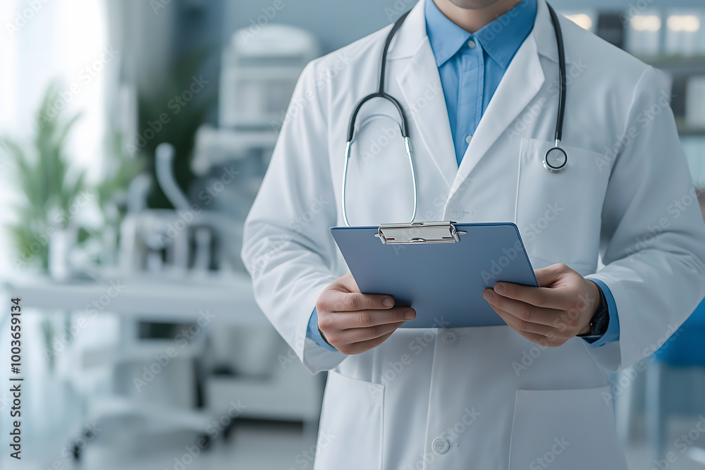 A male doctor in a white coat, holding a clipboard and standing confidently in a clean, bright clinic room with medical equipment behind A male doctor in a white coat, holding a clipboard and standing confidently in a clean, bright clinic room with medical equipment behind