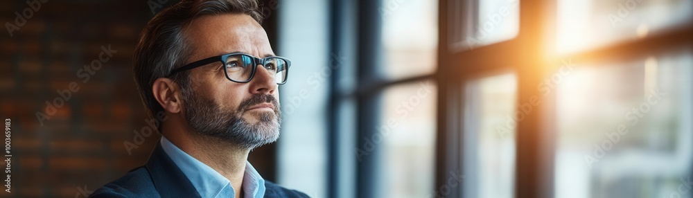 Thoughtful businessman gazes out a window, soft light illuminating. Thoughtful businessman gazes out a window, soft light illuminating.
