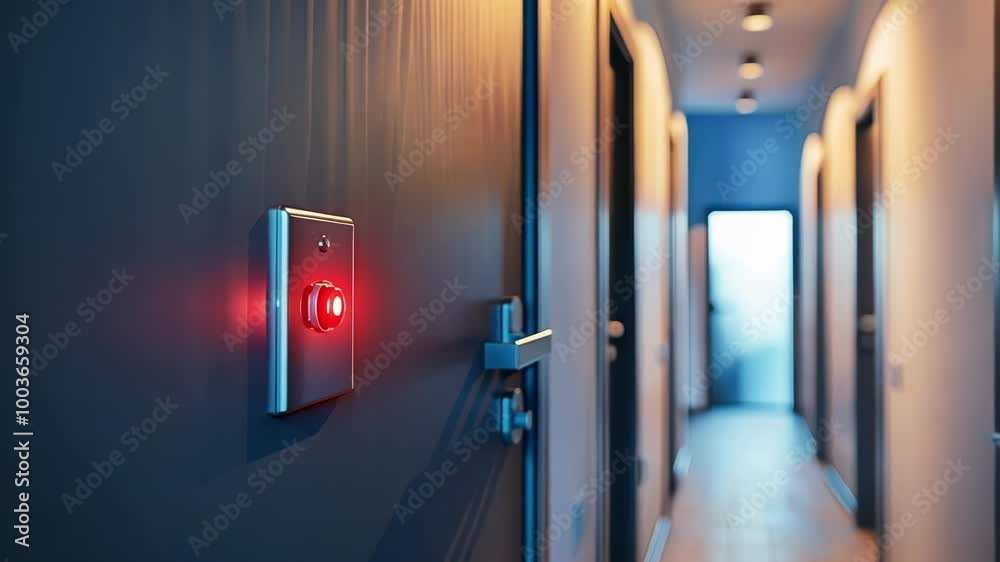 Red alarm button flashing on a wall, with a blurred corridor in the background, suggesting an emergency situation requiring immediate attention