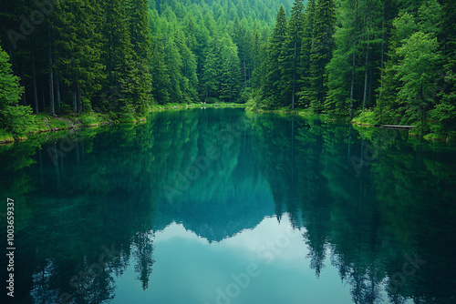 serene green forest lake reflection - tranquil nature landscape photography