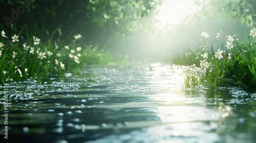 Tranquil River Scene with Sunlight and Flowers