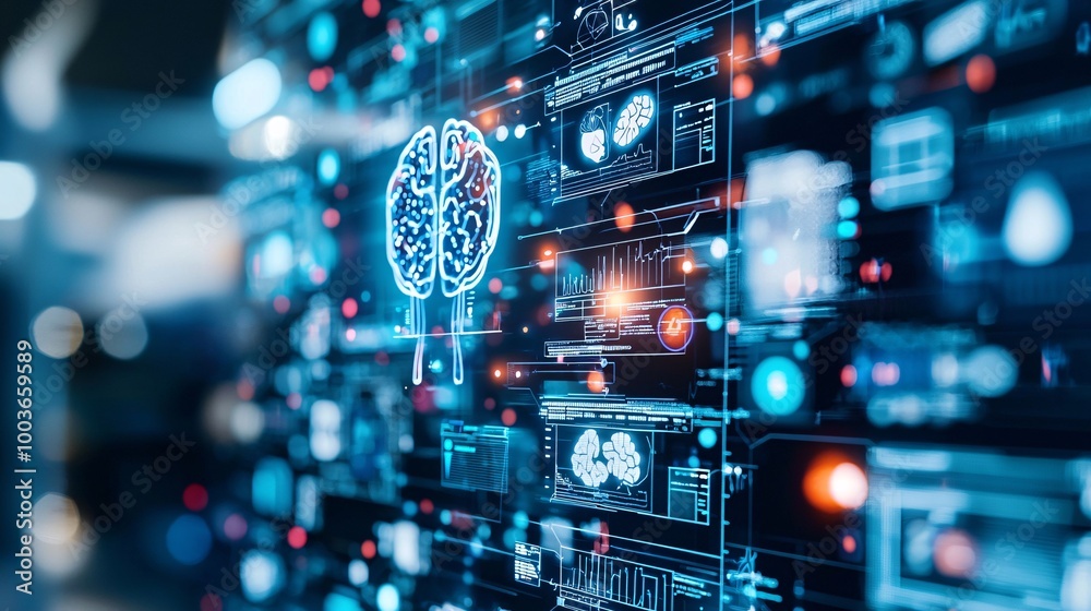 An AI-powered healthcare system with glowing medical data visualizations, symbolizing advanced diagnostics and treatment An AI-powered healthcare system with glowing medical data visualizations, symbolizing advanced diagnostics and treatment