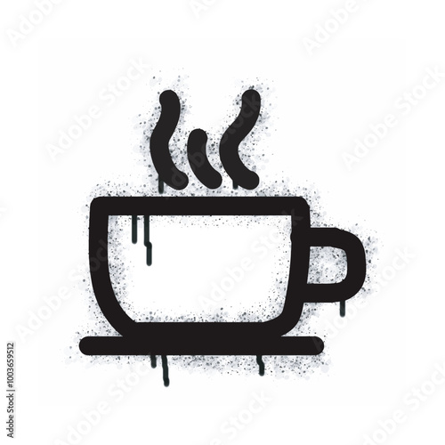 Spray graffiti cup of hot coffee or tea icon isolated on white background. icon of a cup of hot coffee or tea graffiti with overspray in black on white. Vector illustration.