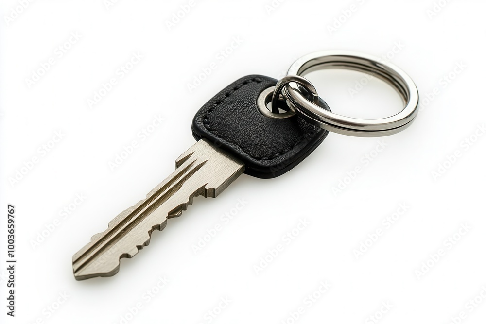 Key on a leather keychain, white isolated background Key on a leather keychain, white isolated background
