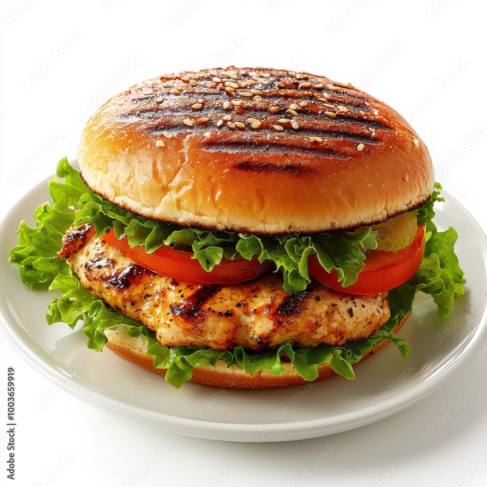 Chicken burger on a plate, isolated on a white background, showcasing its delicious toppings and presentation. Chicken burger on a plate, isolated on a white background, showcasing its delicious toppings and presentation.