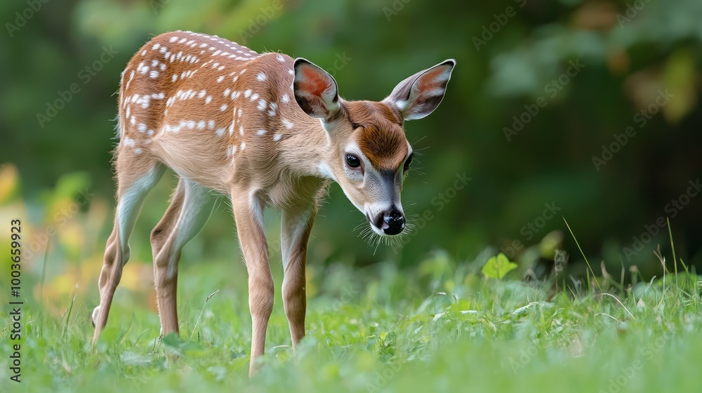 A deer is standing in the grass with its head down A deer is standing in the grass with its head down