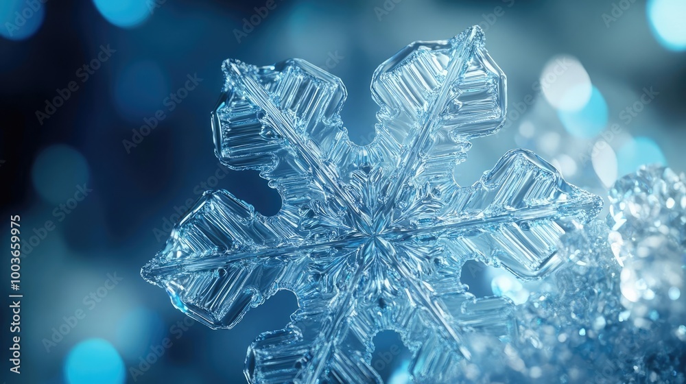 A stunning close-up of a crystal-clear snowflake, showcasing intricate details against a shimmering blue background. A stunning close-up of a crystal-clear snowflake, showcasing intricate details against a shimmering blue background.