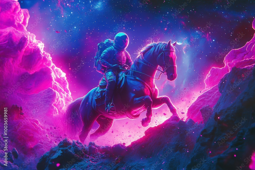 Spaceman riding a horse in outer space neon style Spaceman riding a horse in outer space neon style
