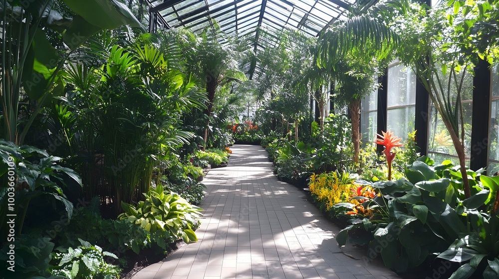 a lush, green conservatory or greenhouse with a pathway running through the center. The path is surrounded by a variety of tropical plants and foliage, creating a vibrant and dense jungle-like atmosph a lush, green conservatory or greenhouse with a pathway running through the center. The path is surrounded by a variety of tropical plants and foliage, creating a vibrant and dense jungle-like atmosph