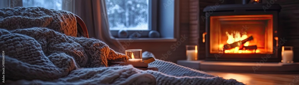 Fototapeta premium A cozy living room scene featuring a warm fireplace and soft blankets, perfect for a winter evening retreat.