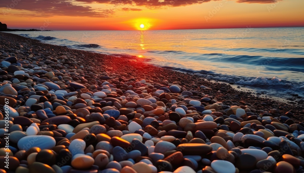 Obraz premium Sunset view on the beach full of pebbles