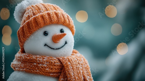 close side profile of snowman, pale green background, smiling face and hat tip, black text area on left, cozy holiday composition.