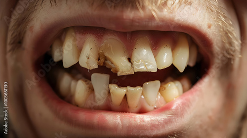 Man with severe tooth and gum decay caused by substance abuse, in need of dental care. photo