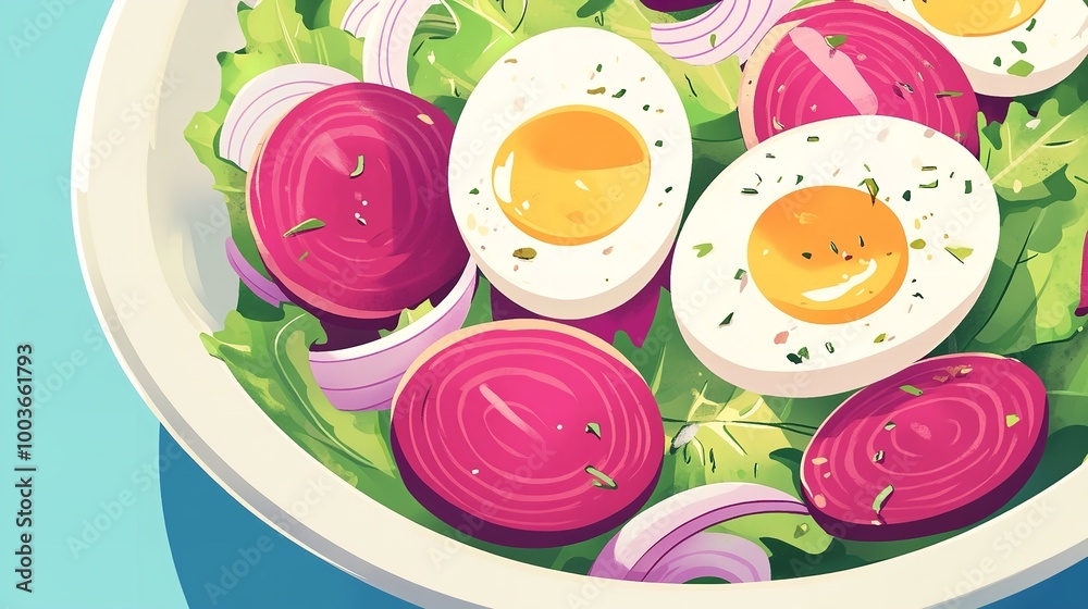 A Bowl of Salad with Sliced Eggs and Red Onion - Vector Illustration A Bowl of Salad with Sliced Eggs and Red Onion - Vector Illustration