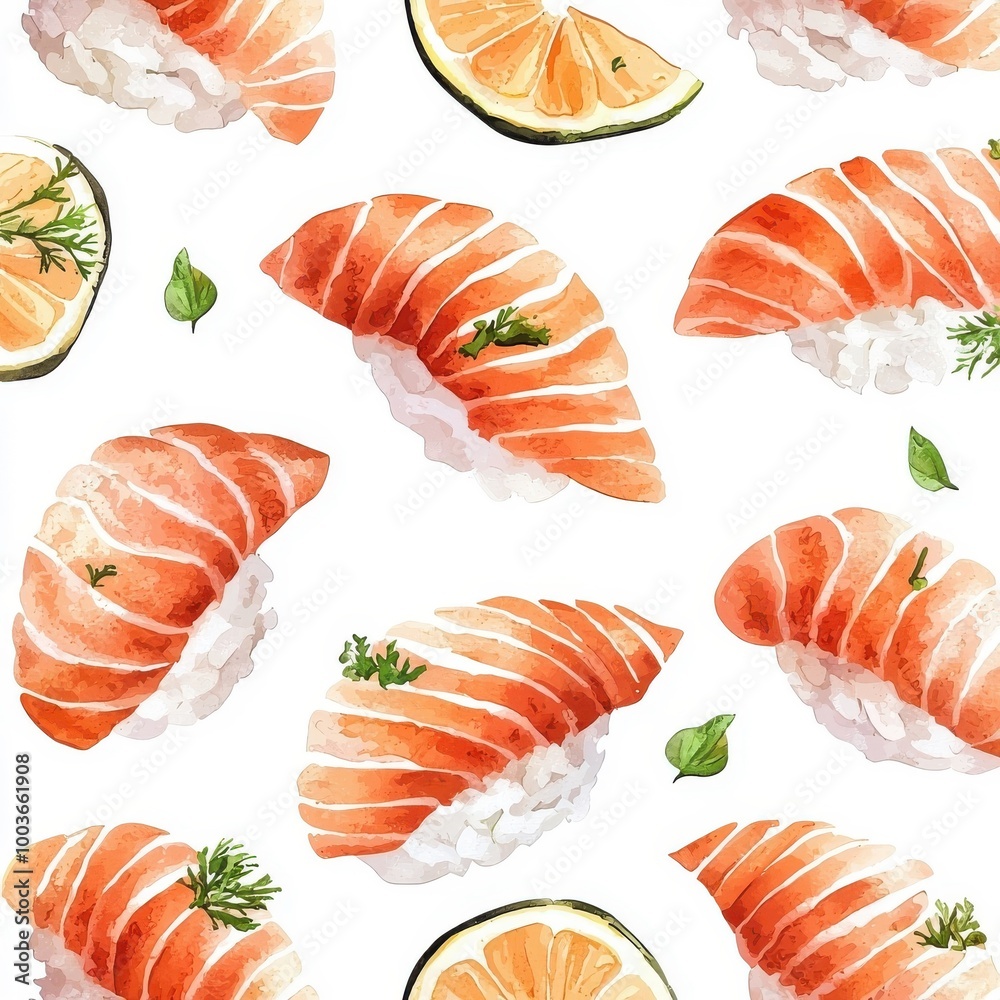 Watercolor seamless pattern of sashimi, isolated on a white background, artistic and delightful.