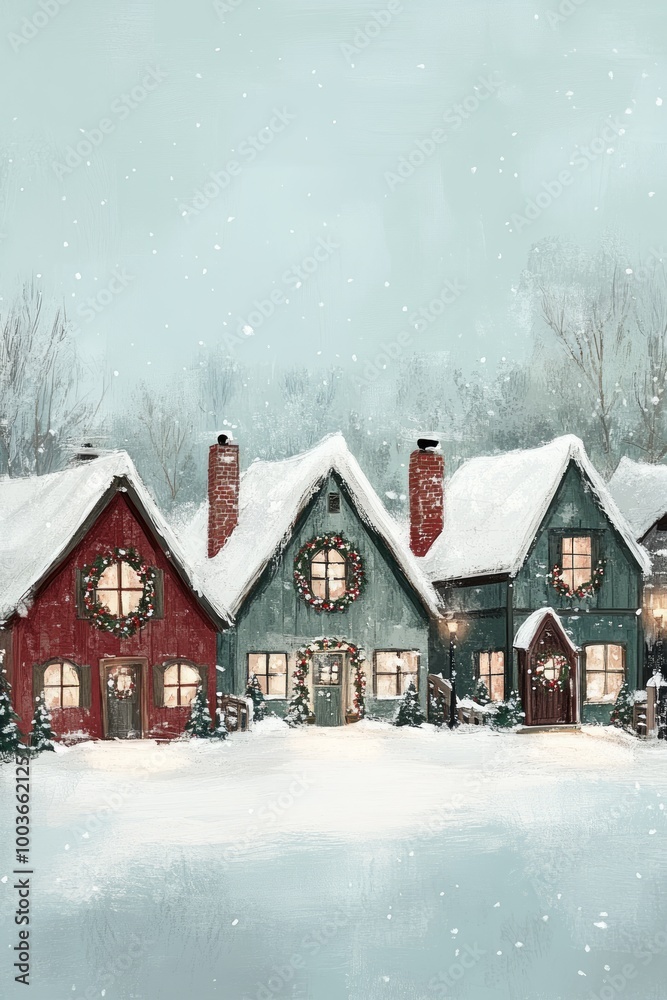 Fototapeta premium A tranquil winter village comes alive with charm as snow blankets the ground, and homes are beautifully decorated for Christmas and New Year festivities, creating a cozy atmosphere