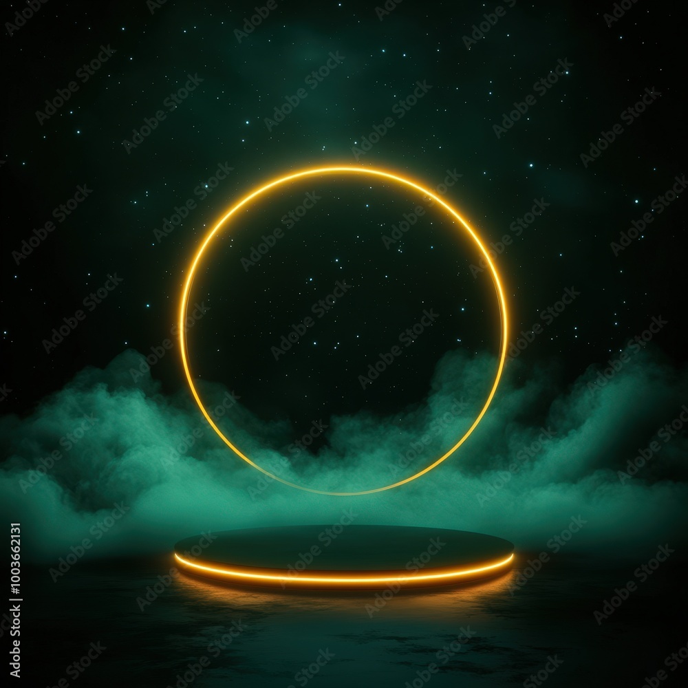 Obraz premium Glowing Neon Circle Above Platform With Fog And Stars