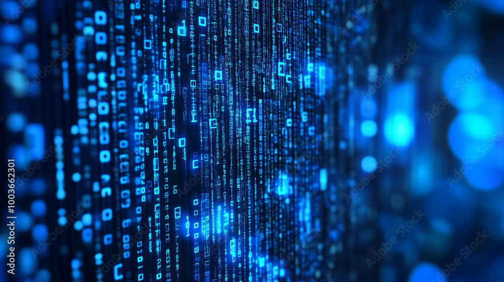 Blue digital binary data on computer screen background
Blue digital binary data on computer screen background