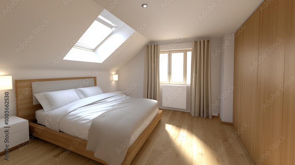 Fototapeta premium 3D rendering of a cozy attic bedroom with skylight, featuring white and wooden elements and beige curtains