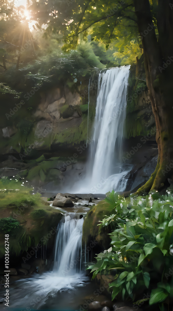 a waterfall that is flowing down a hill with trees a waterfall that is flowing down a hill with trees