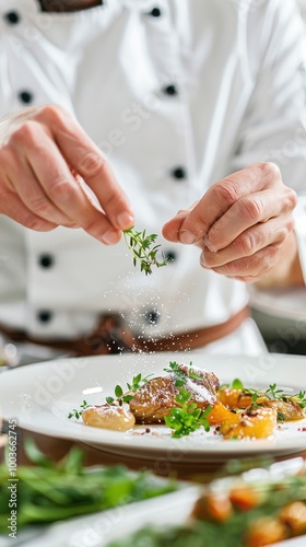 A chef sprinkling herbs on a beautifully plated dish in a restaurant kitchen