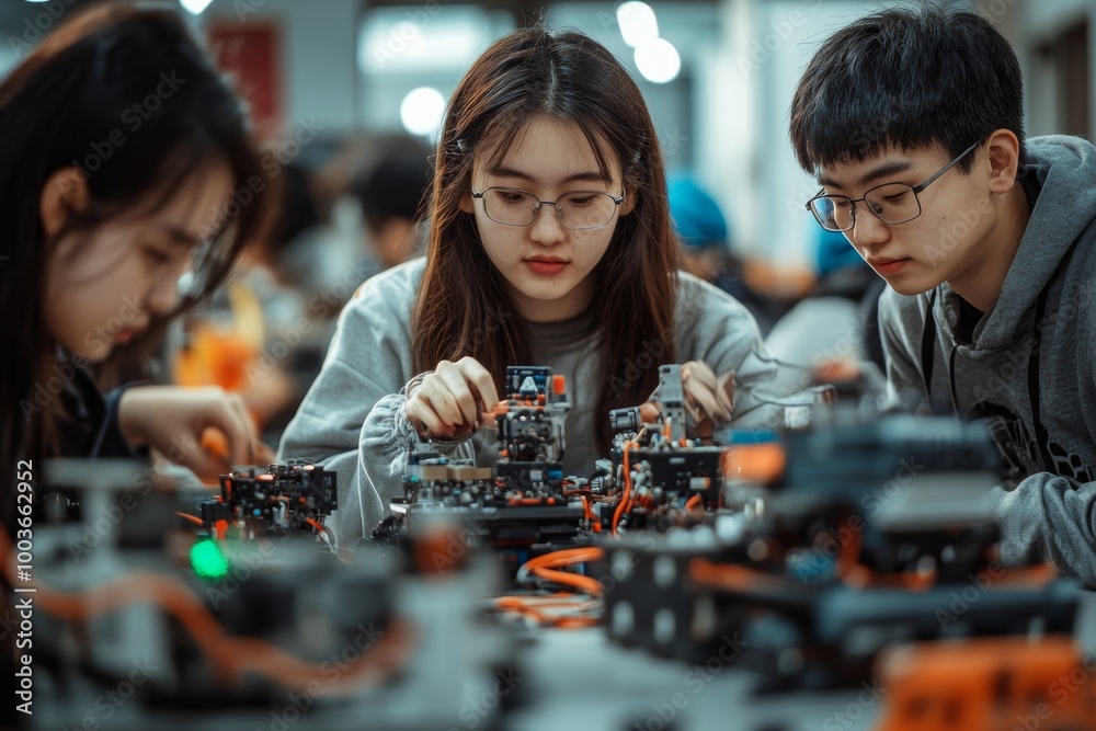 Group of students building and programming electric toys and robots at ...