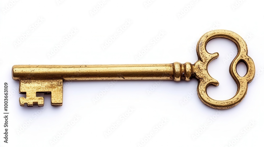 Antique brass key, white isolated background Antique brass key, white isolated background
