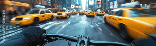 A first-person view of a man riding a bike in the city, the cyclist riding in New York City traffic