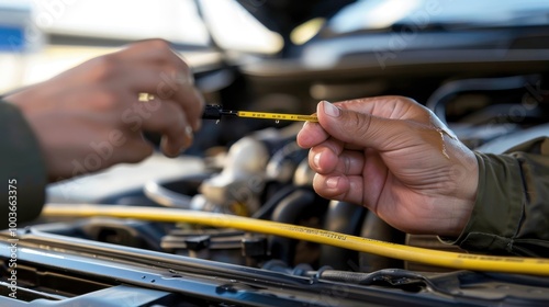 A hand holding a dipstick checking oil levels, with the car hood open and engine parts in the background