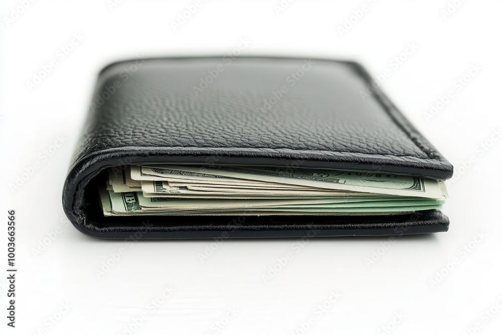 Black wallet with cash, white isolate background Black wallet with cash, white isolate background