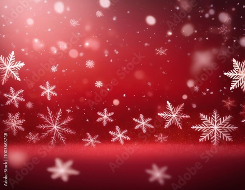 Delicate white snowflakes float against a vibrant red background with soft bokeh lights, creating a festive, dreamy winter scene