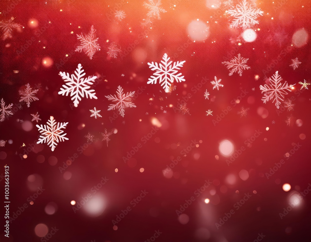 Delicate white snowflakes float against a vibrant red background with soft bokeh lights, creating a festive, dreamy winter scene Delicate white snowflakes float against a vibrant red background with soft bokeh lights, creating a festive, dreamy winter scene