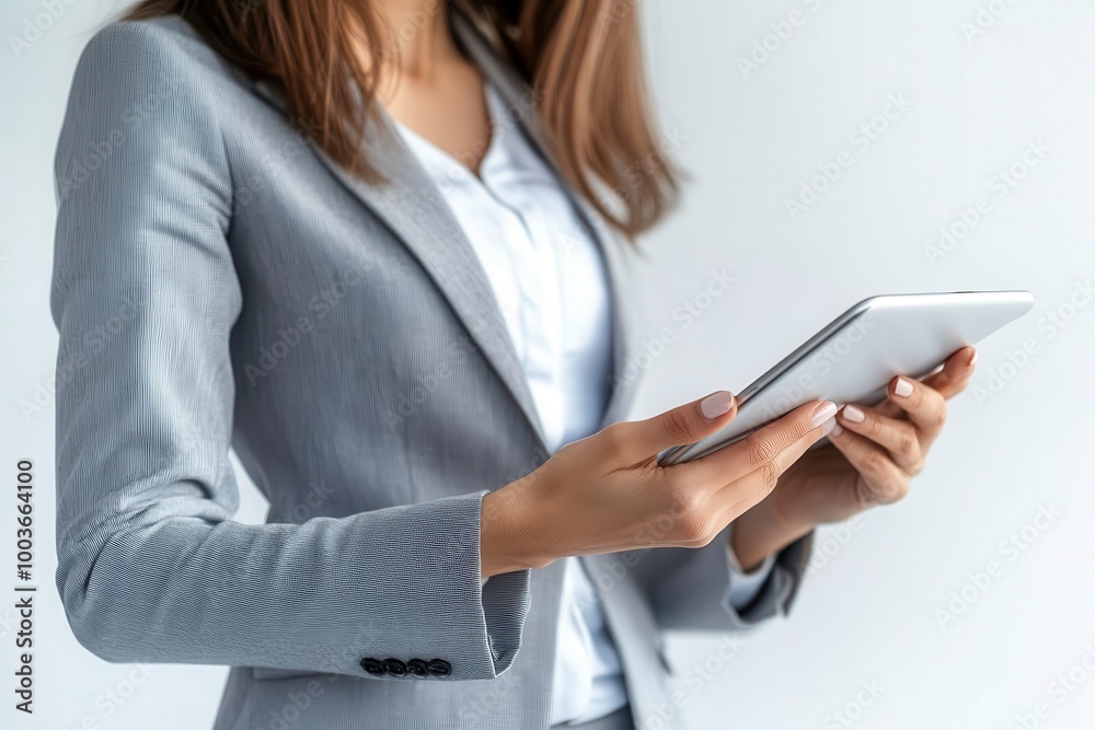 Businesswoman using tablet, isolated background.