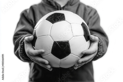 Child holding a soccer ball, black and white image