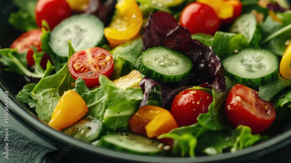Photography of a fresh salad with a vibrant mix of greens, cherry tomatoes, cucumbers, Photography of a fresh salad with a vibrant mix of greens, cherry tomatoes, cucumbers,