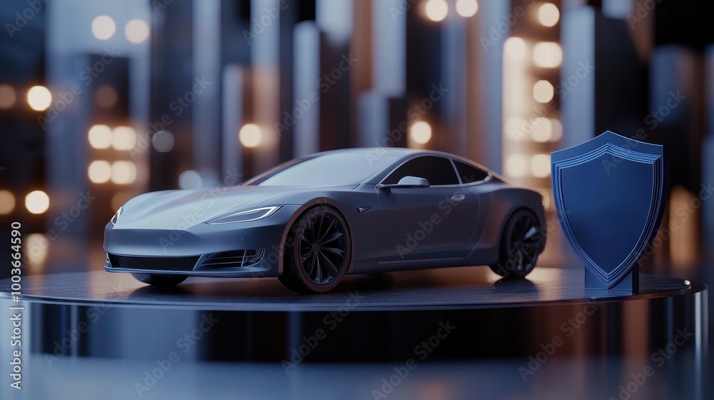 3D illustration of a gray car on a cylindrical platform 3D illustration of a gray car on a cylindrical platform
