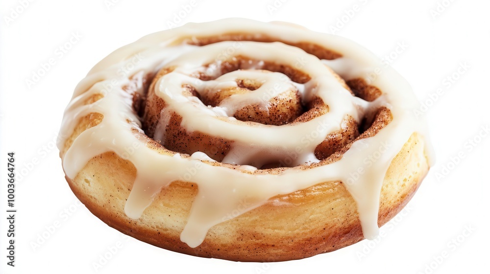 Fototapeta premium Delicious cinnamon roll with creamy icing on a white isolate background